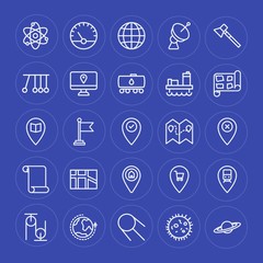 Modern Simple Set of industry, science, location Vector outline Icons. Contains such Icons as  molecular, bacteria, satellite,  travel, flag and more on blue background. Fully Editable. Pixel Perfect.