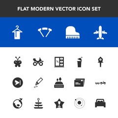 Modern, simple vector icon set with musical, car, cake, birdhouse, parachuting, beverage, airplane, piano, cup, doughnut, clothing, music, extreme, home, nest, stationery, road, beauty, sweet icons