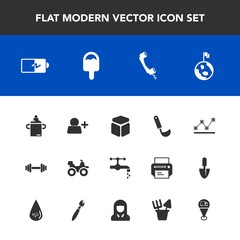 Modern, simple vector icon set with faucet, battery, sign, planet, food, tap, graph, power, stats, bottle, nutrition, square, electricity, data, quad, cooking, gym, nature, account, soup, water icons
