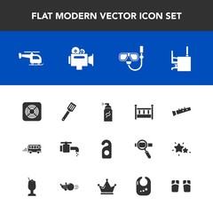 Modern, simple vector icon set with transportation, baby, hotel, transport, graffiti, musical, paint, fan, cooking, pan, desk, cradle, sink, privacy, sound, water, white, handle, kitchen, sea icons