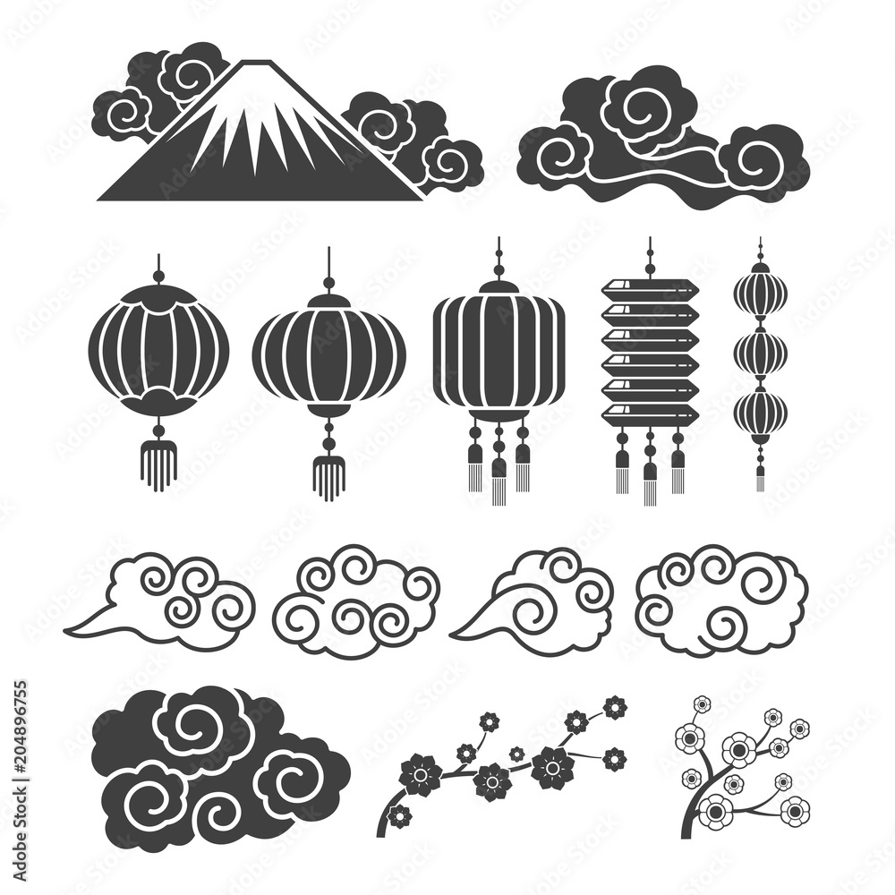 Poster Vintage asian element silhouettes. Traditional chinese or japanese lamps, flowers, clouds