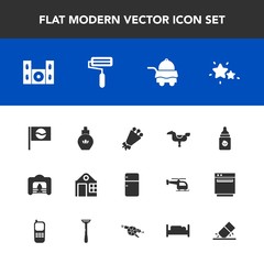 Fototapeta premium Modern, simple vector icon set with perfume, household, estate, business, video, sky, kid, horse, child, bottle, fireplace, nature, service, star, house, plastic, japanese, home, floral, speaker icons