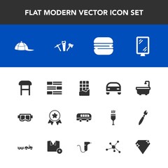 Modern, simple vector icon set with bathroom, street, food, toilet, sweet, award, snack, bar, internet, sea, bus, sign, snorkel, headwear, repair, vehicle, hat, car, armchair, cap, clothing icons
