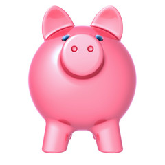 Piggy bank front view closeup pink. Money savings, donate, banking finance business concept. 3d illustration, isolated