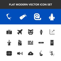 Modern, simple vector icon set with ice, box, aircraft, chemical, dollar, message, hanger, currency, mail, travel, sign, telephone, asian, kitty, sweet, bar, layout, gift, communication, table icons