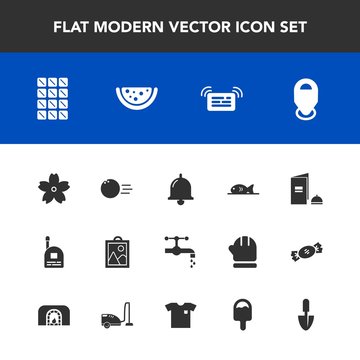 Modern, simple vector icon set with meat, child, fish, watermelon, location, communication, tap, ball, chocolate, dessert, food, icecream, sakura, faucet, sport, shirt, map, sink, young, call icons