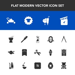 Modern, simple vector icon set with pen, equipment, bedroom, spray, shirt, grass, bottle, cute, boat, instrument, ice, dessert, bed, play, travel, garden, lawn, furniture, percussion, ship, tool icons