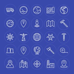 Modern Simple Set of industry, science, location Vector outline Icons. Contains such Icons as  street,  industrial,  truck,  meter,  tower and more on blue background. Fully Editable. Pixel Perfect.