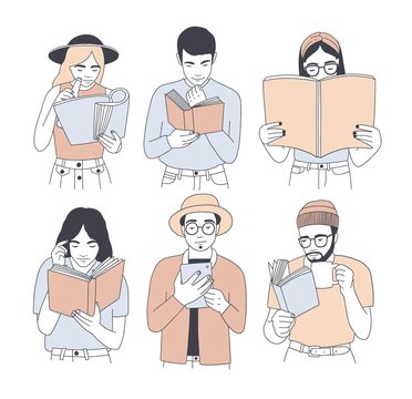 Collection of portraits of men and women reading paper and electronic books isolated on white background. Set of young male and female readers dressed in trendy clothes. Cartoon vector illustration.