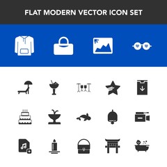 Modern, simple vector icon set with cocktail, shower, sunbed, bar, fashion, fish, jacket, alcohol, web, cake, seafood, clothing, bag, summer, drink, sign, baby, hippie, food, bath, sport, sea icons