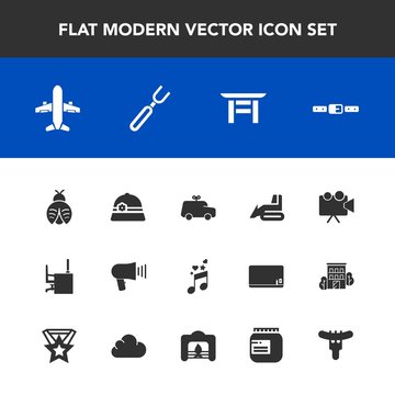 Modern, simple vector icon set with music, japan, projection, hotdog, office, shrine, communication, torii, restaurant, industry, airplane, bulldozer, butterfly, note, sound, lady, travel, child icons