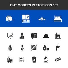 Modern, simple vector icon set with flight, bed, music, travel, account, sport, wash, corn, ticket, delete, tool, musical, bedroom, scuba, dont, style, user, work, plane, transport, alcohol, van icons