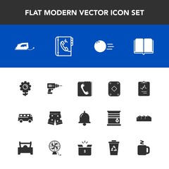 Modern, simple vector icon set with transport, hand, sport, fashion, bell, game, book, blossom, flower, phone, transportation, road, iron, bowling, equipment, library, spring, wear, ring, drink icons