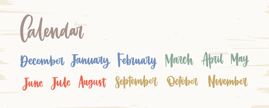 Bundle of colorful English names of months written with elegant calligraphic cursive font isolated on white background