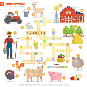 Crossword with huge set of illustrations and keyword in vector flat design isolated on white background. Crossword 2 - Farming - learning English words with images