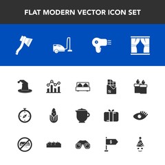 Modern, simple vector icon set with graph, hairdryer, drink, fire, north, chart, flame, finance, hot, chocolate, trend, breakfast, curtain, dryer, candle, vegetable, decoration, business, corn icons