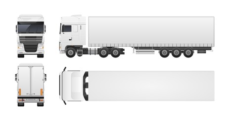 Modern truck or lorry isolated on white background. Front, back, top and side views. Commercial road vehicle, automobile shipping or delivery, cargo transportation. Realistic vector illustration.