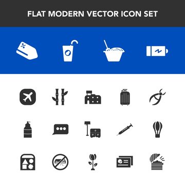 Modern, simple vector icon set with fresh, plane, airplane, travel, bed, drink, message, discount, sale, bamboo, luggage, furniture, battery, sign, tag, dentistry, asian, plant, house, energy icons