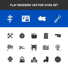 Modern, simple vector icon set with way, sticky, fork, japan, tire, restaurant, automobile, building, office, kitchen, knife, cute, cook, spoon, menu, lollipop, tool, sad, auto, shrine, torii icons