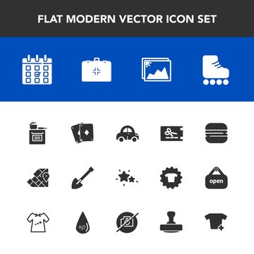 Modern, simple vector icon set with calendar, world, travel, skating, burger, sport, automobile, day, kitchen, transportation, game, poker, atlas, car, equipment, night, sandwich, food, photo icons