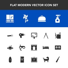 Modern, simple vector icon set with blossom, space, curtain, table, globe, flower, sound, spray, food, business, scuba, equipment, home, banner, service, chemical, kitchen, mask, street, sign icons