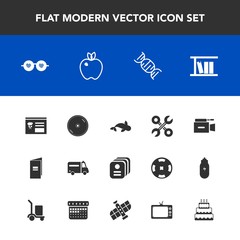 Fototapeta premium Modern, simple vector icon set with camera, medical, menu, disk, apple, cake, organic, identity, health, tool, fashion, service, reparation, television, card, dna, ambulance, book, brochure, cd icons