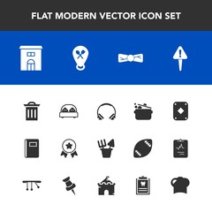 Modern, simple vector icon set with recycle, kitchen, music, audio, achievement, garbage, real, place, poker, estate, waste, bedroom, tie, plastic, house, exclamation, food, toy, technology, bow icons