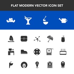 Fototapeta premium Modern, simple vector icon set with work, percussion, money, atom, wind, clothing, can, poker, chemistry, ocean, parasol, hat, food, drink, sport, gardening, office, casino, glass, technology icons