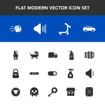 Modern, simple vector icon set with stroller, play, kid, house, medical, dental, fashion, soccer, baby, bus, left, transport, paint, move, poker, music, scooter, grunge, street, delivery, toy,  icons