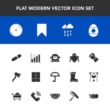 Modern, simple vector icon set with technology, space, decoration, roll, spring, paint, cyborg, people, rain, human, robot, business, wet, data, umbrella, cd, finger, hand, dvd, disk, concept icons