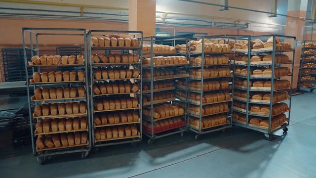 baking bread, bakery products, trays with hot bread stand near the stove. fresh bread