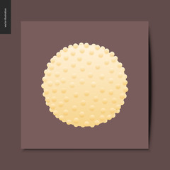 Love spring chocolate - dark and white chocolate crisp bonbons and chocolate chips, postcard, vector illustration