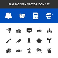 Modern, simple vector icon set with piece, bird, planet, cooking, bathroom, dinner, architecture, king, city, space, house, globe, animal, restroom, document, earth, bbq, public, axe, file, fork icons