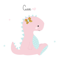 Cute little dinosaur girl with lettering. Vector hand drawn illustration.