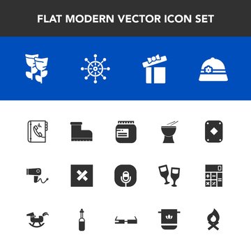Modern, simple vector icon set with style, campfire, book, bonfire, percussion, blow, nautical, gift, game, radio, food, jam, blossom, hairdryer, floral, internet, dryer, footwear, music, ship icons