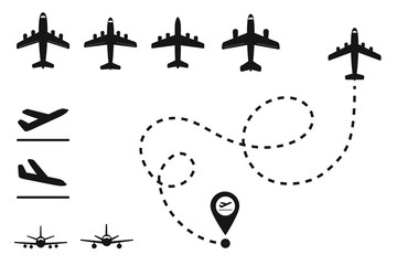 Plane trace. Concept of planning routes and direction of travels. Map pointers, silhouettes of airplanes and track lines. Air flights design.