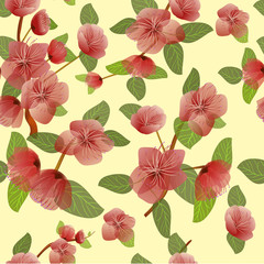 Seamless spring background with white flowers with green and yellow leaves