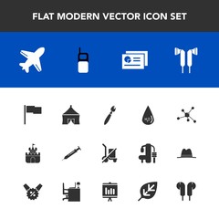 Modern, simple vector icon set with flight, flag, send, phone, circus, shipping, plant, aircraft, leaf, drop, brush, tent, molecule, technology, needle, scale, toy, tree, atom, white, water, old icons