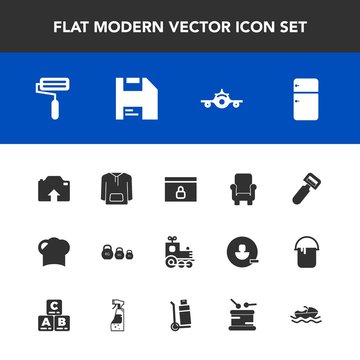 Modern, simple vector icon set with chair, diskette, furniture, fridge, sea, paint, departure, computer, potato, kilogram, peeler, vegetable, weight, chef, clothing, household, locomotive, music icons