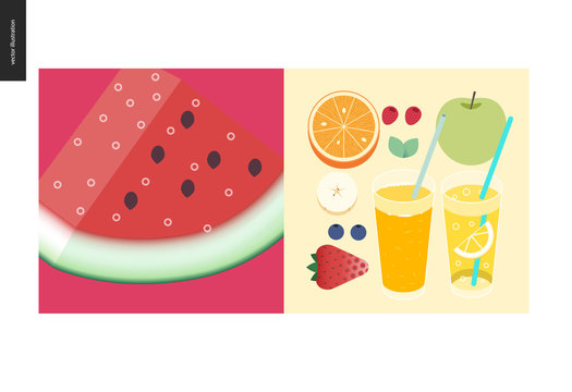 Simple things - meal - flat cartoon vector illustration of a fresh watermelon with seeds, breakfast set, fruits, orange juice, lemonade and berries, raspberry, strawberry - meal composition