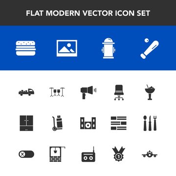 Modern, simple vector icon set with fire, departure, video, alcohol, safety, home, sport, sign, chair, furniture, baseball, drink, hamburger, background, travel, airplane, picture, comfortable icons