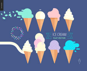 Ice cream scoops in waffle cones set - flat cartoon vector illustration of vanilla, pink, fruit, white, blue, mint and purple ice cream scoops in waffle cones with sprinkles - composition set