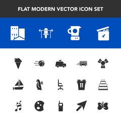 Modern, simple vector icon set with speed, childhood, travel, business, toy, ship, dessert, transport, ice, animal, child, kitchen, cream, butterfly, fitness, cooler, sport, building, cold, car icons