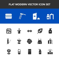 Modern, simple vector icon set with pump, paper, natural, toy, hamburger, white, hygiene, book, sunglasses, drink, shower, glasses, clothing, brochure, food, agriculture, bottle, water, hanger icons