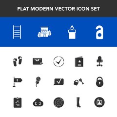 Modern, simple vector icon set with footwear, check, sound, technology, wheel, office, audio, money, slipper, tire, estate, wax, building, , chair, real, candle, label, music, motel, favorite icons