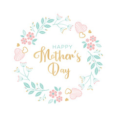 Greeting card with mother's day with wreath of flowers and hearts