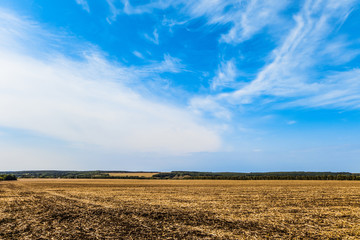 Countryside landscape. Field with removed harvested crop under the blue sky. Belgorod region, Russia.