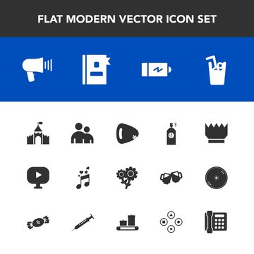 Modern, simple vector icon set with human, castle, note, power, energy, speaker, music, full, nature, building, paint, directory, drink, musical, crown, people, megaphone, phone, spring, juice icons