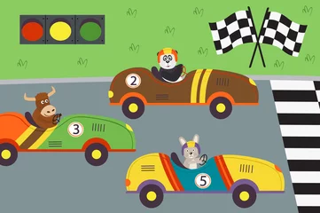 Tissu par mètre Course de voitures vieilles voitures de course classiques avec des animaux sur les courses - illustration vectorielle, eps