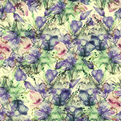 Seamless Pattern of pink, lilac wild flowers on a branch in watercolor. Bud, branch, petal, bouquet of flowers,tulip, poppy, iris, wild herbs. For textiles, wallpaper. Abstract, fashionable pattern.